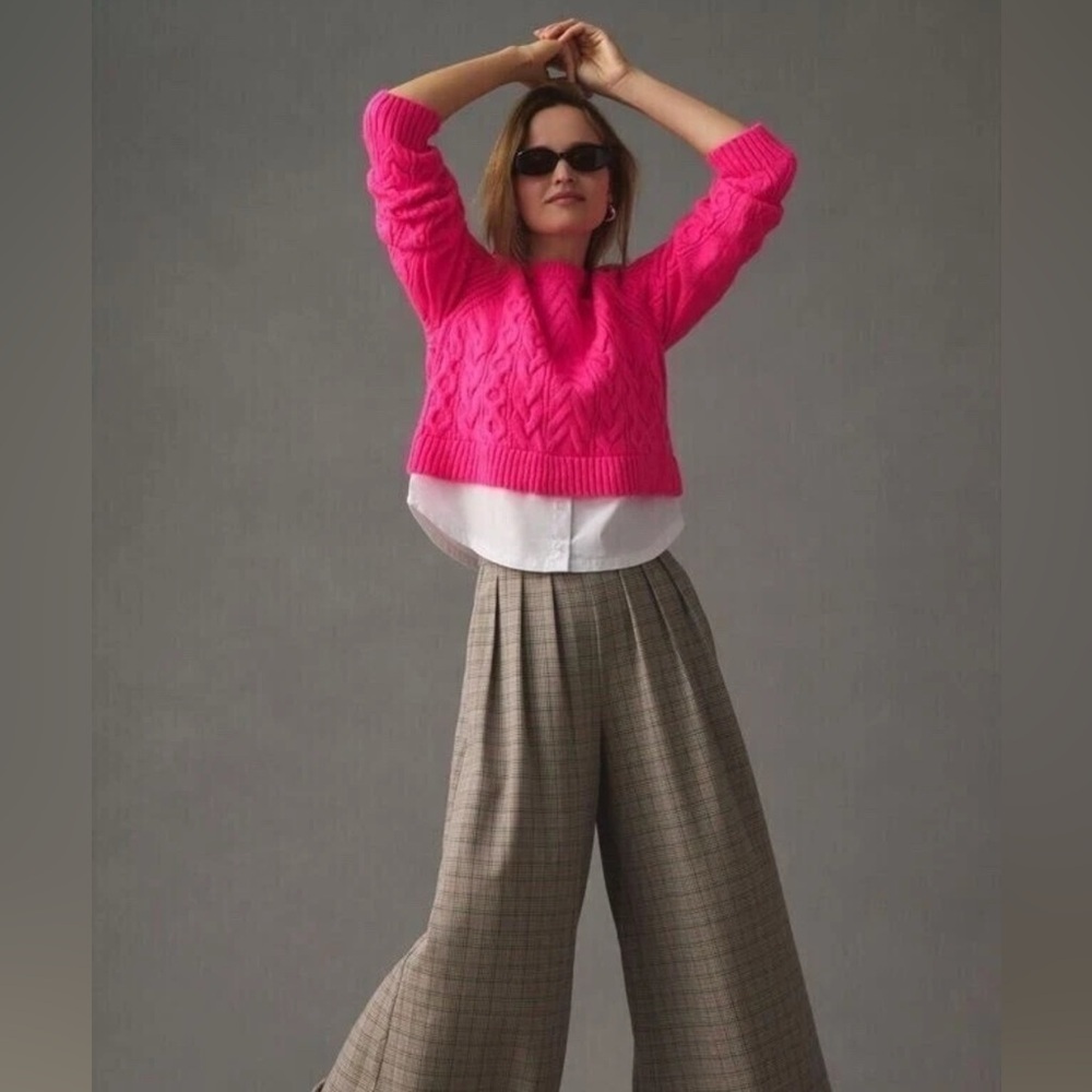 NWT Maeve by Anthropologie Cable-Knit Twofer Pullover Sweater Medium Pink White